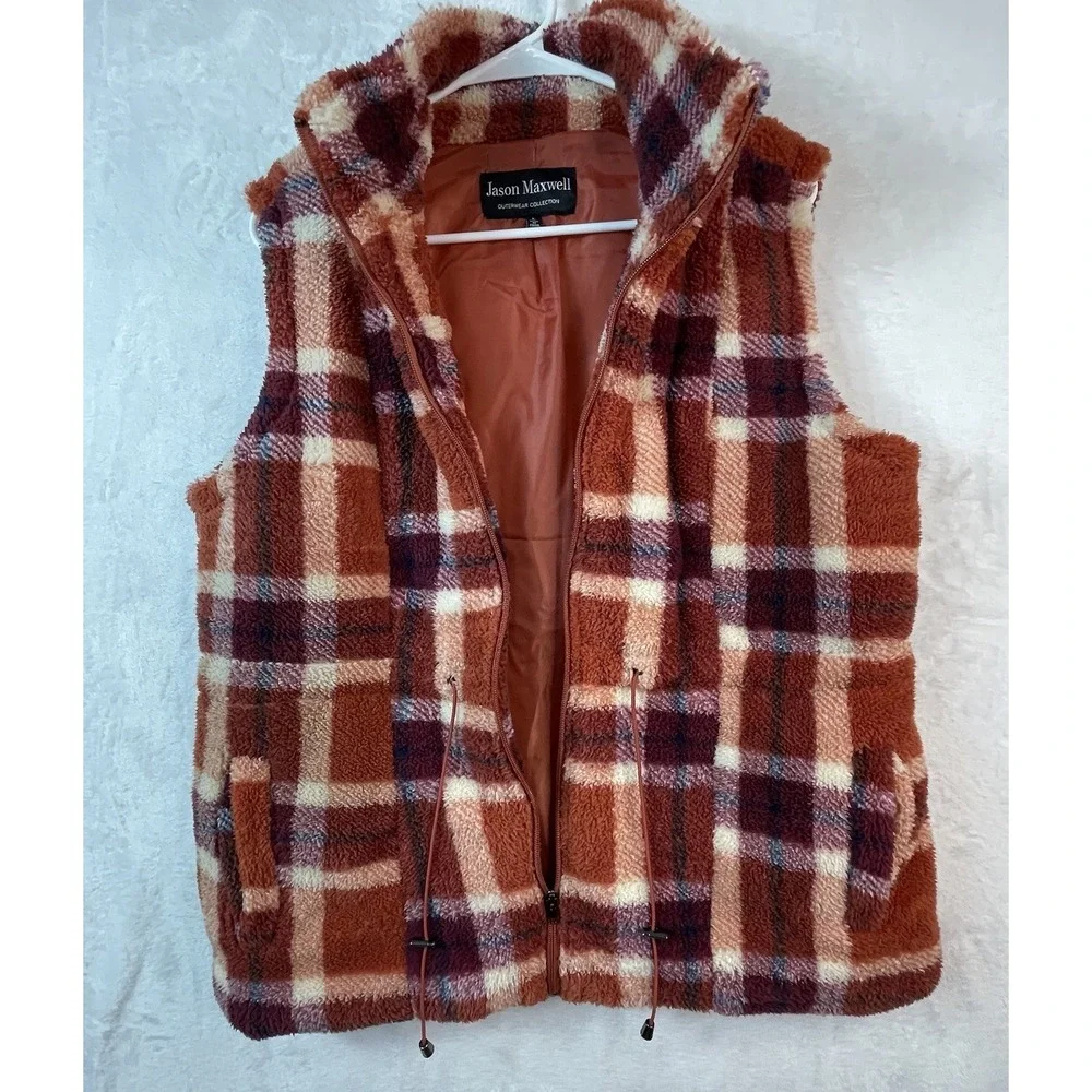 Jason Maxwell Outerwear Collection Womens Large Fleece Vest‎ Plaid Fall Colors